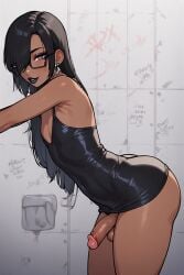 ai_generated bangs_over_one_eye bathroom black_dress black_hair candid dark-skinned_femboy dark-skinned_male dark_skin femboy glasses penis smiling_at_viewer