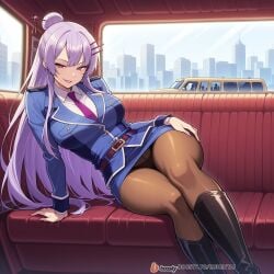 ai_generated boots breast_pockets breasts clothing crossed_legs female female_focus formal frolaytia_capistrano hair_pin heavy_object high_heels high_heels_boots huge_breasts legs limousine long_hair lying military military_uniform necktie on pantyhose purple_eyes seductive seductive_look seductive_pose sitting smile sofa suit thighs uniform