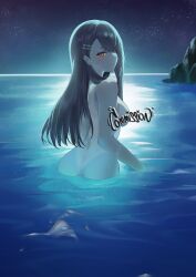 1girls black_hair blush breasts earclip female from_behind hair hair_ornament hayase_nagatoro in_water long_hair looking_at_viewer looking_back medium_breasts naked naked_female night orange_eyes please_don't_bully_me,_nagatoro sideboob starry_sky stars swimsuit tagme tan_body tan_skin tanline water wet xiye_me