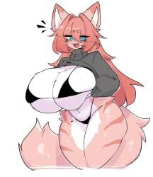2d anthro big_breasts bikini black_bikini black_bra black_panties blue_eyes bra breasts_bigger_than_head female female_focus female_only furry furry_female grey_sweater hands_under_breasts holding_breast looking_at_viewer open_mouth open_mouth_smile panties pink_fur scrapped_moon shiyaa_stuff simple_background standing sweater sweater_lift white_background white_fur white_sclera