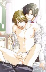 2boys bed belt black_hair blonde_hair censored cottonball doctor doctor_on_patient gay glasses handjob infirmary labcoat male male_only medical medical_examination nipples open_clothes open_shirt patient penis school school_uniform schoolboy shirt tweezers undressing yaoi