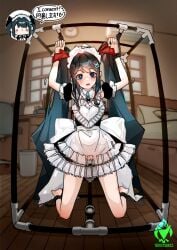 artist_logo bed black_dress blue_eyes blush bondage bound bound_ankles breasts chained_wrists chair chibi chibi_inset commentary consent_sticker crying crying_with_eyes_open desk dress english_commentary female full_body green_hair highres indoors kneeling lips logo long_hair looking_down maid maid_headdress navel nipples open_mouth original pussy restrained small_breasts solo stomach tears teeth trembling twintails uncensored upper_teeth_only very_long_hair yeougui yuki_(yeougui)
