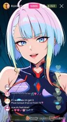 ai_generated cheating cheating_female cheating_girlfriend cheating_wife covered_nipples cyberpunk cyberpunk:_edgerunners cyberpunk_2077 cyberpunk_clothes cyberpunk_girl dirty_talk female from_below lingerie looking_at_another looking_at_partner looking_at_viewer lucyna_kushinada medium_breasts mommy naughty naughty_face naughty_girl naughty_smile neon netorare nsfw ntr outfit pose seductive seductive_body seductive_expression seductive_eyes seductive_female seductive_look seductive_mouth seductive_pose seductive_smile sexy sexy_armpits sexy_body sexy_clothing sexy_dress sexy_female sexy_pose short_hair skirt skirt_lift skirt_up stream streamer streaming sweat sweaty sweaty_body tagme thick_thighs thighs video voice voice_acted