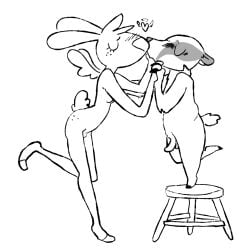 2024 angel angel_gabby angel_hare anthro badger breasts closed_eyes duo erection feathered_wings feathers female francis_(angel_hare) fur furniture genitals hand_holding hare heart_symbol kiss_on_lips lagomorph larger_female leporid male mammal monochrome mustelid musteline nude one_leg_up penis rabbit_ears raised_leg romantic short_male size_difference small_breasts stool tall_female the_east_patch the_weaver wings
