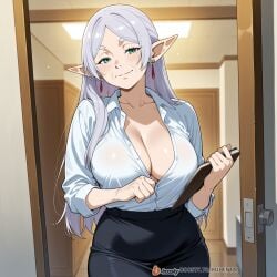 1girls ai_generated breasts elf face female female_only frieren frieren_beyond_journey's_end male mature_female milf office office_clothing office_lady solo_focus sousou_no_frieren sweat uncensored white_hair