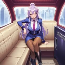 ai_generated boots breast_pockets breasts clothing crossed_legs female female_focus formal frolaytia_capistrano hair_pin heavy_object high_heels high_heels_boots huge_breasts legs limousine long_hair lying military military_uniform necktie on pantyhose purple_eyes seductive seductive_look seductive_pose sitting smile sofa suit thighs uniform