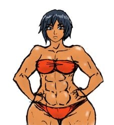 1girls abs black_hair franktonius short_hair simple_background solo tanned tanned_female tanned_skin white_background