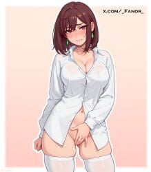 ayase_momo blush brown_hair dandadan embarrassed fanor hand_on_own_crotch no_panties red_eyes shirt short_hair standing tagme thick_thighs white_thighhighs