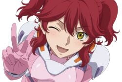 1girls ai_generated female_villain freckles freckles_on_face ginger ginger_female ginger_hair gundam gundam_00 hair_between_eyes hazel_eyes large_breasts mecha_pilot_suit mobile_suit_gundam nena_trinity nipple_bulge pilot_suit tagme twintails twintails_(hairstyle) v villainess yellow-eyed_female yellow_eyes