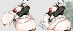 1girls areolae bbw belly big_belly blindfold blush breasts breasts_bigger_than_head breasts_out bturanus clothing english_text fart fart_cloud fart_fetish fat female female_only hairband huge_belly huge_breasts light-skinned_female light_skin nier nier:_automata nipples obese overflowing_breasts overweight ripped_clothing short_hair solo text thick_thighs thighhighs torn_clothes white_background white_hair yorha_2b