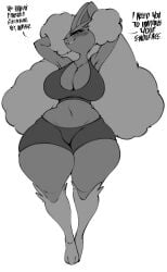 1girls 2026 3_toes absurd_res anthro athletic_wear big_breasts blush blush_lines bottomwear bra breasts clothing english_text feet female female_anthro female_only generation_4_pokemon greyscale gym_bottomwear gym_shorts hair hands_behind_head hi_res looking_at_viewer lopunny master monochrome navel nintendo pokemon pokemon_(species) saltyxodium shorts simple_background smiling smiling_at_viewer solo sports_bra talking_to_viewer teeth text toes underwear white_background wide_hips