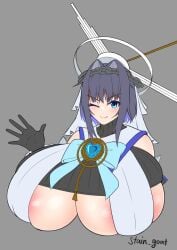 1girls areolae_slip artist_signature character_request cleavage female female_focus female_only gigantic_breasts ohitsuji