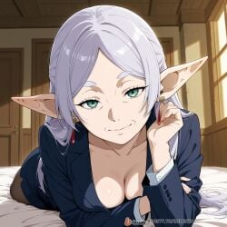 1girls ai_generated breasts elf face female female_only frieren frieren_beyond_journey's_end male mature_female milf office office_clothing office_lady solo_focus sousou_no_frieren sweat uncensored white_hair