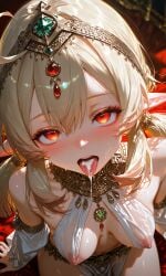 ai_generated arabian_clothes belly_button belly_dancer_outfit blonde_hair blush cum cum_in_mouth cum_on_breasts eyes_rolling_back genshin_impact hoyoverse klee_(genshin_impact) mihoyo nipple_bulge nipples nipples_visible_through_clothing red_eyes small_breasts tongue tongue_out
