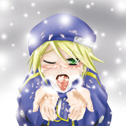 blazblue bukkake cum cum_in_mouth cum_on_mouth cum_on_tongue cupped_hands facial noel_vermillion snow tongue_out wink