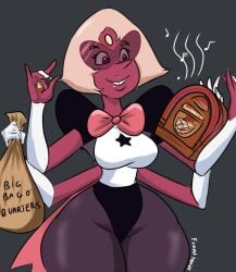 1girls bag_of_coins bow_tie coin coin_bag coins forehead_jewel franktonius musical_note narrow_waist quarter quarters s sardonyx_(steven_universe) simple_background solo steven_universe thin_waist tinted_eyewear very_wide_hips wide_hip