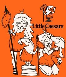 1boy big_cleopatra dangitdanger female holding_spear holding_weapon laurel_crown little_caesar little_caesars orange_theme pizza spear taller_female toga weapon
