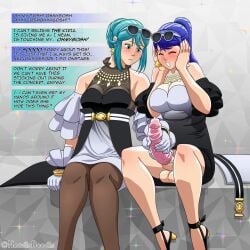 1futa 1girls atlus condom dialogue embarrassed female futa_on_female futanari handjob kurono_kiria nintendo noodlsdoodls oribe_tsubasa sunglasses sunglasses_on_head text tokyo_mirage_sessions_#fe