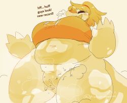 2025 4_fingers accessory anthro biped blonde_hair bodily_fluids breasts closed_eyes clothing cute_fangs drawstring_topwear fangs female fingers genitals hair hair_accessory hairband low-angle_view navel pinkshinyhorns ponytail scalie shirt snout solo steam steamy_pussy sweat sweaty_genitalia teeth topwear yellow_body