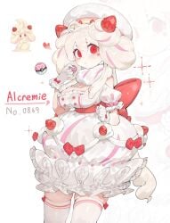 1girls alcremie anthro blush breasts cleavage english_text female female_only generation_8_pokemon gloves hi_res highlights_(coloring) looking_at_viewer nintendo pink_highlights pokemon pokemon_(species) red_eyes solo text thighhighs toge77789 togetoge white_background white_hair white_thighhighs