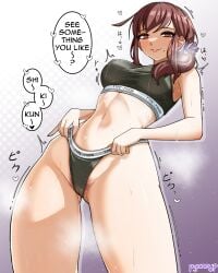 black_bra black_panties blush bra breasts brown_eyes brown_hair d0gduk english_commentary female female_pubic_hair groin highleg highleg_panties highres medium_breasts medium_hair mole mole_under_mouth navel noel_(tsukihime) open_mouth panties panty_lift pubic_hair pubic_hair_peek pussy_juice smile solo speech_bubble stomach tsukihime underwear underwear_only