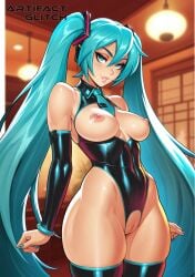 1girls abs ai_generated areolae artifactglitch big_ass big_breasts blue_eyes blue_hair blue_nails boob_window bracelet breasts_out crotchless hair_ornament hatsune_miku head_tilt lipstick long_hair looking_at_viewer makeup nipples pussy shoulders sleeves smile smiling standing thick_thighs thighhighs thighs tie twintails vocaloid watermark