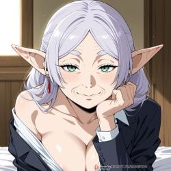1girls ai_generated breasts elf face female female_only frieren frieren_beyond_journey's_end male mature_female milf office office_clothing office_lady solo_focus sousou_no_frieren sweat uncensored white_hair