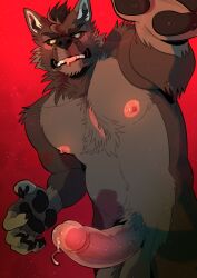 0ct0m0n0 anthro balls big_balls big_penis black_claws black_hair black_nose black_pawpads black_sclera blush bodily_fluids canid canine cheek_tuft claws dripping erection facial_tuft fangs finger_claws front_view fur genital_fluids genitals grey_balls grey_body grey_fur hair hi_res humanoid_genitalia humanoid_penis looking_at_viewer male male_anthro mammal narrowed_eyes nipples nude pawpads penis pink_nipples pink_penis pink_tongue portrait precum precum_drip red_background short_hair simple_background slightly_chubby slightly_chubby_male solo standing teeth three-quarter_portrait tongue tuft yellow_body yellow_fur