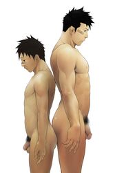 2boys abs bandaid black_hair censored flaccid hair looking_down mentaiko multiple_boys muscle muscles penis pubes pubic_hair size_difference testicles yaoi