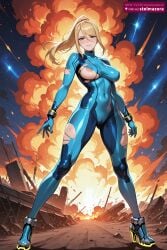 ai_assisted ai_generated areola_slip ass_visible_through_thighs bangs blonde_hair blue_bodysuit blue_eyes blush bodysuit breasts cameltoe closed_mouth covered_collarbone covered_navel covered_nipples explosion female female_only full_body gloves hair_between_eyes high_heels large_breasts legs_apart lips long_hair looking_at_viewer metroid mole mole_under_mouth nintendo nipples outdoors ponytail samus_aran shiny shiny_clothes shiny_hair shiny_skin sidelocks skin_tight sky smile solo standing star_\\(sky\\) starry_sky stelmazura thighs torn_bodysuit torn_clothes zero_suit