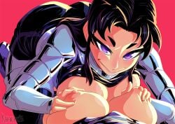 2girls black_eyes black_hair blackfire blush breasts dc dc_comics female female/female female_only grabbing grabbing_breasts green_eyes incest khartemis komand'r koriand'r long_hair nipple_bulge red_hair siblings sisters smiling starfire teen_titans warner_brothers yuri