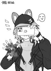 1girl after_handjob animal_ear_fluff animal_ears arknights cellphone character_name chinese_commentary click_(arknights) commentary_request covered_collarbone covered_eyes cum cum_on_body cum_on_gloves cum_on_hands fingerless_gloves fingernails gloves greyscale hat highres holding holding_phone jacket long_sleeves monochrome notice_lines panaic phone shirt short_hair simple_background smartphone smile solo split_mouth spoken_expression turtleneck turtleneck_shirt upper_body white_background