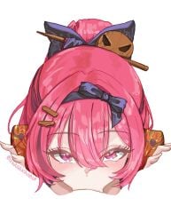 absurdres akasaka0818_(artist) ambiguous_pov bow fellatio goddess_of_victory:_nikke hair_between_eyes hair_intakes hair_ornament hairbow hairclip highres implied_oral kiki_(akasaka0818) looking_at_viewer mast_(nikke) mast_(romantic_maid)_(tea_service)_(nikke) oral pink_eyes pink_hair pov sidelocks twitter_username white_background