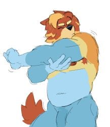 anthro armpit_hair armpit_tuft australian_cattle_dog bangs belly blue_body blue_fur bluey_(series) body_hair canid canine canis cattledog chest_hair closed_eyes darkened_genitalia darkened_penis domestic_dog ears_back erect_nipples fur genitals herding_dog male mammal multicolored_body multicolored_fur muscular muscular_anthro muscular_male navel nipples nude nude_anthro nude_male orange_body orange_fur pastoral_dog pecs penis pivoted_ears pointy_ears prick_ears radley_heeler sagingbarko solo standing stretching_arms tail