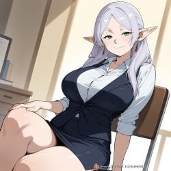 1girls ai_generated breasts elf face female female_only frieren frieren_beyond_journey's_end male mature_female milf office office_clothing office_lady solo_focus sousou_no_frieren sweat uncensored white_hair