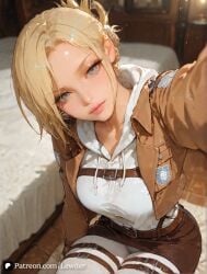1girls ai_generated annie_leonhardt anus ass attack_on_titan balls bangs blonde_hair blue_eyes blush breasts closed_mouth collarbone cowgirl_position female female_on_cloth female_pubic_hair folded full_nelson large_breasts lewder looking_at_viewer male male_pubic_hair navel nipples nude overflow parted_lips pubic_hair pussy reverse_suspended_congress sex shingeki_no_kyojin short_hair solo_focus spread_legs straight testicles thighs uncensored vagina vaginal_penetration