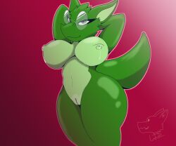 absurd_res bedroom_eyes big_breasts bodily_fluids breasts dungeons_and_dragons erect_nipples eyewear female genitals glasses green_body green_ears green_eyes green_tail hands_behind_head hasbro hi_res humanoid kobold lactating light_green_belly multicolored_body narrowed_eyes nipples non-mammal_breasts plap_(wdigni42) scalie seductive shaded shortstack simple_background smile solo tail thick_thighs two_tone_body vulva watermark wdigni42 wearing_glasses wizards_of_the_coast