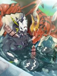 2boys absurdres bara black_scales closed_mouth commentary_request dragon_boy dragon_horns dragon_tail dragon_wings erection furry furry_male gurandoherutu highres horns looking_at_penis looking_down male_focus multiple_boys on_water open_mouth penis red_scales shult_(world_flipper) smile tail vagner_(world_flipper) wings world_flipper yaoi