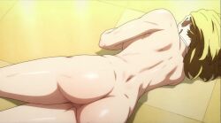 ai_edit ai_generated akari_nitta ass ass_focus beaten blonde_hair curvy edited_screencap female from_behind highres huge_ass indoors jujutsu_kaisen laying_down nitta_akari nude nude_edit prone screencap shiny_skin short_hair solo voluptuous