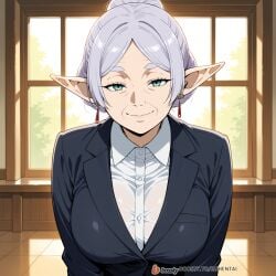 1girls ai_generated breasts elf face female female_only frieren frieren_beyond_journey's_end male mature_female milf office office_clothing office_lady solo_focus sousou_no_frieren sweat uncensored white_hair