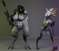 2_toes 3_fingers 3_toes 3d_(artwork) 4_fingers abs alien anthro arm_feathers arm_tuft armor avian avian_caruncle axe big_breasts black_nipples breasts claws clitoral_hood digital_media_(artwork) digitigrade duo face_covered feather_hair feathered_crest feathers feet female finger_claws fingers fire_axe genitals green_eyes grey_body gun halo_(series) hand_on_hip head_crest headgear headgear_only helmet helmet_only holding_axe holding_gun holding_object holding_ranged_weapon holding_rifle holding_weapon humanoid kig-yar microsoft mostly_nude nipples non-mammal_breasts pink_eyes pink_nipples pink_vulva pseudo_hair ranged_weapon rifle sangheili scalie sniper_rifle standing syn_cah synca t'vaoan thigh_gap toe_claws toes tuft vulva weapon wide_hips xbox_game_studios yellow_body yellow_feathers