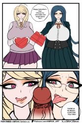 akamatsu_kaede amrak angry_expression angry_face big_penis blonde_hair blue_hair clothed danganronpa danganronpa_v3 danganronpa_v3:_killing_harmony gift gift_box green_skirt heart-shaped_pupils inminent_blowjob large_breasts large_penis looking_at_penis looking_at_viewer no_penetration penis_awe penis_between_faces penis_on_face pupils_heart purple_skirt shirogane_tsumugi skirt tagme valentine's_day
