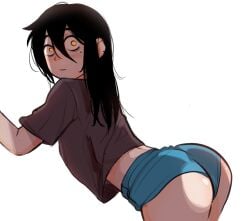 1girls 2d 2d_(artwork) ass black-haired_female black_hair black_hair_female blush blush_lines chainsaw_man looking_at_viewer mole mole_on_face mole_under_eye nayuta_(chainsaw_man) panties shirt white_background zero_dead_zone