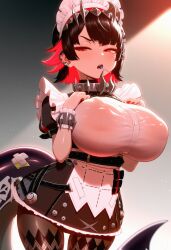 1girls 2d ai_generated bangs big_breasts big_nipples black_hair breast_suppress breasts candy collar covered_nipples dress ear_piercing earrings ellen_joe female food half-closed_eyes hands_on_own_chest huge_breasts jewelry large_breasts legwear lollipop looking_at_viewer maid maid_headdress mouth_hold multicolored_hair narrow_waist nipple_bulge nipples nipples_bulge pantyhose piercing red_eyes red_hair red_nails see-through sharp_teeth short_hair small_waist soapy_max solo spikes standing tail teeth thighs two-tone_hair zenless_zone_zero