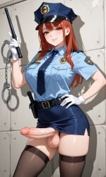 ai ai_generated baton big_balls big_breasts big_penis futanari handcuffs original_character police_hat police_uniform policewoman red_eyes red_hair