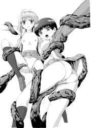 2000s_(style) 2001 arm_behind_back ass black_hair bondage bound breasts commentary_request flat_chest greyscale groin highres kameyama_hitomi kawana_(poleman27) leg_up looking_at_viewer medium_breasts monochrome ootori_mao open_mouth panties scared school_uniform shin_seiki_inma_seiden shirt shoes short_hair skirt socks stomach sweat tentacle tomboy twin_angels underwear
