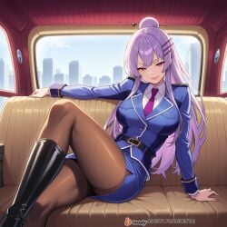 ai_generated boots breast_pockets breasts clothing crossed_legs female female_focus formal frolaytia_capistrano hair_pin heavy_object high_heels high_heels_boots huge_breasts legs limousine long_hair lying military military_uniform necktie on pantyhose purple_eyes seductive seductive_look seductive_pose sitting smile sofa suit thighs uniform