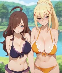 2girls ahoge ai_generated ass bare_shoulders bikini blonde_hair blue_bikini blue_eyes blurry blush breasts brown_hair darkness_(konosuba) day elvoryn eyes_visible_through_hair female female_on_bikini female_only from_behind grin hair_ornament hair_over_one_eye konosuba large_breasts long_hair looking_at_viewer multiple_girls outdoors ponytail side-tie_bikini_bottom smile standing swimsuit wiz_(konosuba) x_hair_ornament