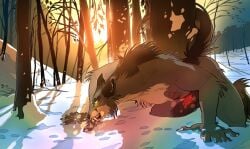 0ct0m0n0 all_fours animal_genitalia anthro arm_tuft back_tuft bared_teeth big_fangs black_nose black_sheath black_tail canid canine cheek_tuft chest_tuft claws day elbow_tuft facial_tuft fangs finger_claws fur genitals green_eyes grey_body grey_fur leg_markings male male_anthro mammal markings mythological_canine mythological_creature mythology outside penis penis_tip plant red_penis sheath snow socks_(marking) solo tail teeth tree tuft werecanid werecanine werecreature werewolf white_body white_claws white_fur