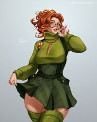 ave_poppea bookworm chubby_female chubby_thighs clothed fingers_on_mouth glasses green_clothing lifting_skirt medium_breasts paige_(deadlock) sfw side_eye side_eye_at_viewer teasing_viewer thigh_highs